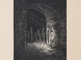 un dessin en noir et blanc représentant des personnes debout dans un tunnel