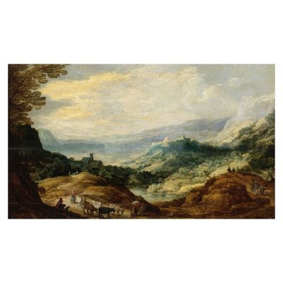 un tableau représentant un paysage montagneux avec un château au loin
