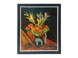 peinture d'un vase de fleurs sur une table sur fond noir