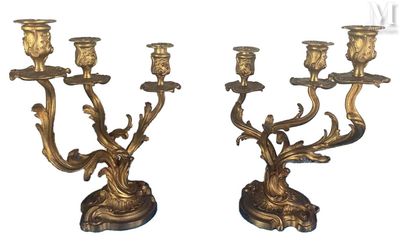 paire de candélabres anciens en laiton avec oiseaux et fleurs