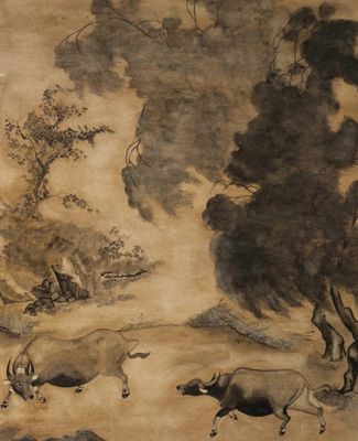 a painting of a herd of cattle in a wooded area