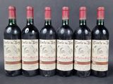 six bottles of red wine lined up in a row