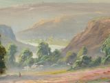 a painting of cows grazing in a field with mountains in the background