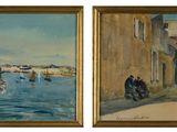two paintings of people walking down a street next to a body of water