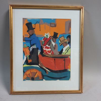 painting of a man and woman in a boat with a man in a top hat and a man in a top hat