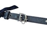 a black leather belt with a metal buckle on it