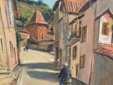 painting of a man riding a bike down a street next to a building
