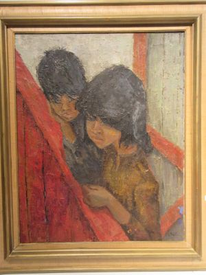 painting of two children looking out of a window in a room