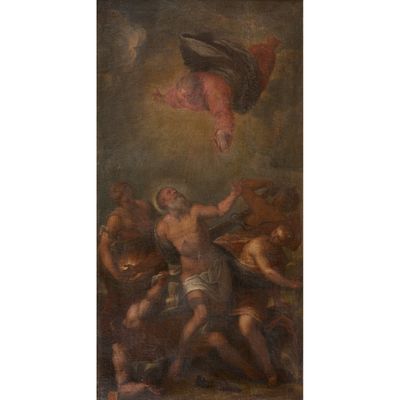 un tableau représentant un tableau dans lequel un homme est projeté en l'air par des anges