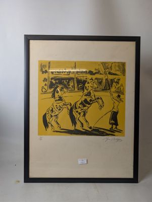 framed print of a man on a horse in a yellow background