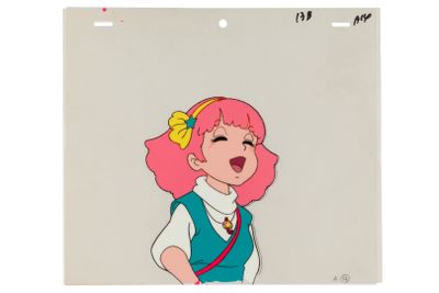 animation animation cel of a girl with pink hair and a blue vest