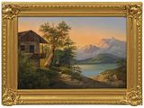une peinture à l'huile représentant une cabane au bord d'un lac, avec des montagnes en arrière-plan