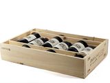 bottles of wine in a wooden box on a white background