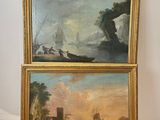 deux tableaux représentant des bateaux sur une rivière, avec un château en arrière-plan