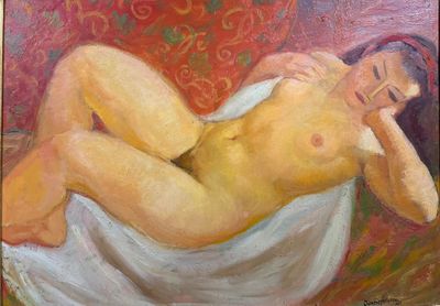 une peinture à l'huile représentant une femme nue allongée sur un lit