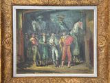 painting of a group of people standing around a horse in a stable