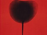 a black and red painting of a flower on a red background