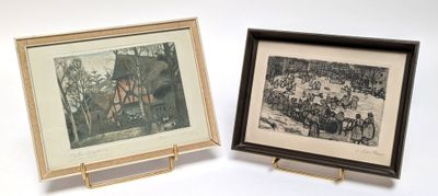 two framed pictures of people on a white surface