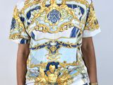 versa versa versa t - shirt in white with blue and gold print