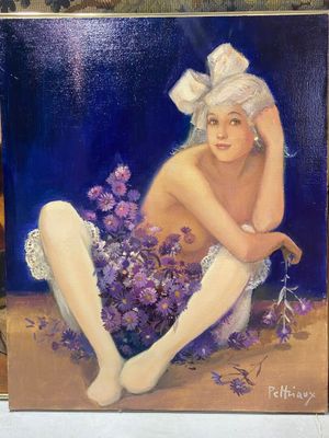 a painting of a woman sitting on the ground with flowers