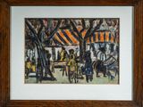 painting of a street scene with people walking in the distance