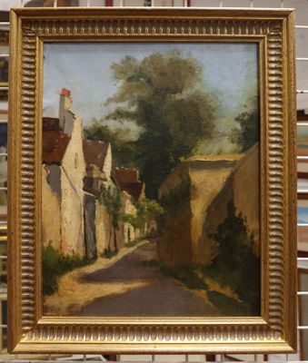 une image représentant un tableau représentant une rue d'un village près d'une clôture