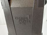 a close up of a metal box with a logo on it