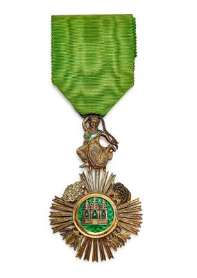 Gros plan sur une médaille ornée d'un ruban vert sur fond blanc