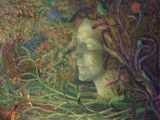 un tableau représentant le visage d'une femme entouré de plantes