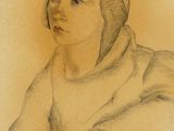 tableau représentant une femme coiffée d'un bonnet, assise, les mains croisées