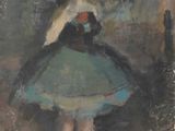 painting of a woman in a blue dress holding a red rose