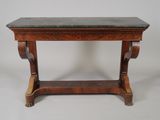 an old wooden table with a marble top on a white background