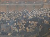 painting of a large group of people sitting in front of a stage