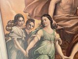 a painting on the wall of a room with a painting of a man and two women