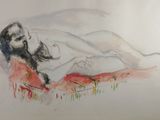 painting of a man laying on a couch with a beard
