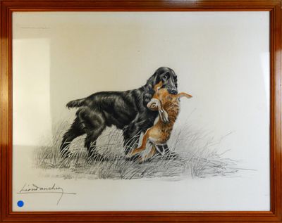 tableau représentant un chien tenant un bâton dans la gueule, dans un champ