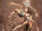 an image of a painting of a man falling off of a horse