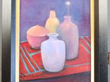 a painting of three vases and a bowl on a table