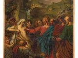 a painting of a group of people standing around a man