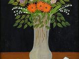 une peinture représentant un vase de fleurs sur une table