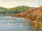 an oil painting of a rocky shore with a mountain in the background