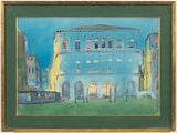une image représentant une peinture d'un bâtiment devant lequel est garé un bus