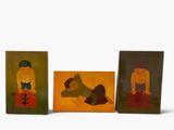 three paintings of a man and a woman on a white background