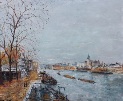 une peinture d'une rivière avec des bateaux