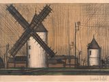 dessin représentant un moulin à vent dans un champ, avec un bâtiment en arrière-plan