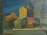 une peinture représentant une scène de rue avec des bâtiments en arrière-plan