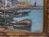a painting of a harbor scene with boats on the water