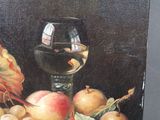 a painting of a glass of wine and fruit on a table