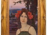 une peinture à l'huile représentant une femme avec des fleurs dans les cheveux
