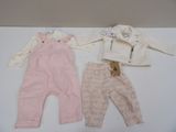 deux vêtements de bébé et une veste posés sur une table blanche
